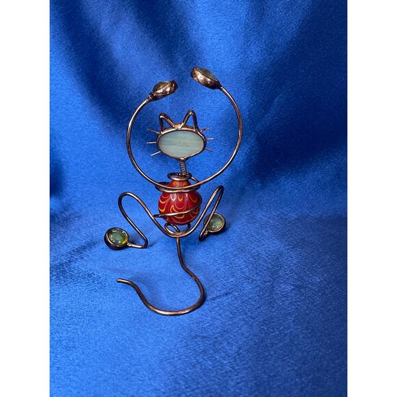 Copper Wire Whimsical Cat Sculpture with Colorful Glass Accent - Picture 4 of 7